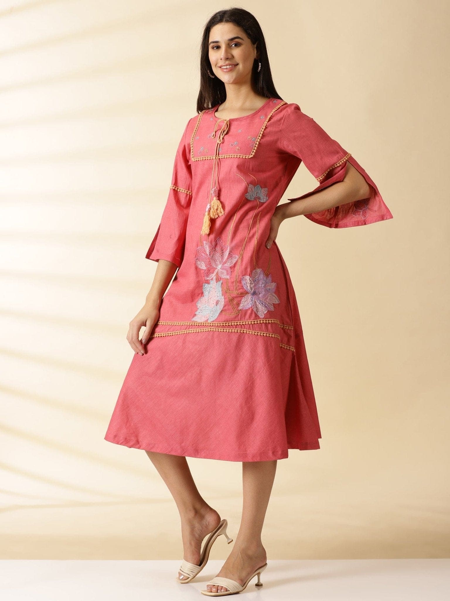 Applique Work Women Cotton Dress - Rosy Pink - Charkha TalesApplique Work Women Cotton Dress - Rosy Pink