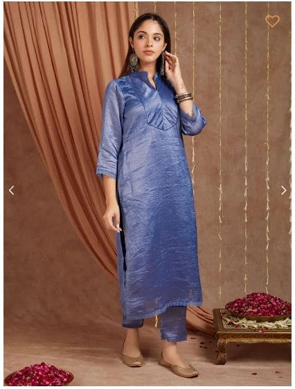 Banarsi Shimmer Kurta Set - Blue - Charkha TalesBanarsi Shimmer Kurta Set - Blue