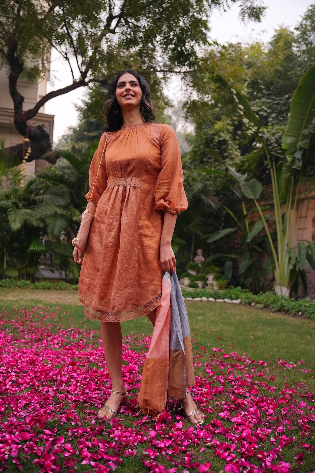 Banarsi Sienna Flared Dress - Burnt Brown - Charkha TalesBanarsi Sienna Flared Dress - Burnt Brown