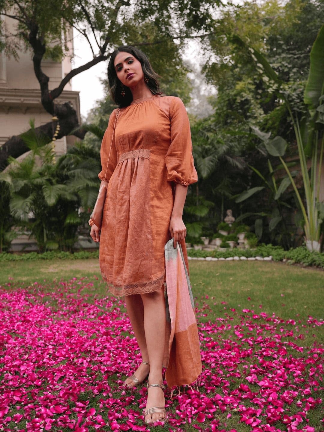 Banarsi Sienna Flared Dress - Burnt Brown - Charkha TalesBanarsi Sienna Flared Dress - Burnt Brown