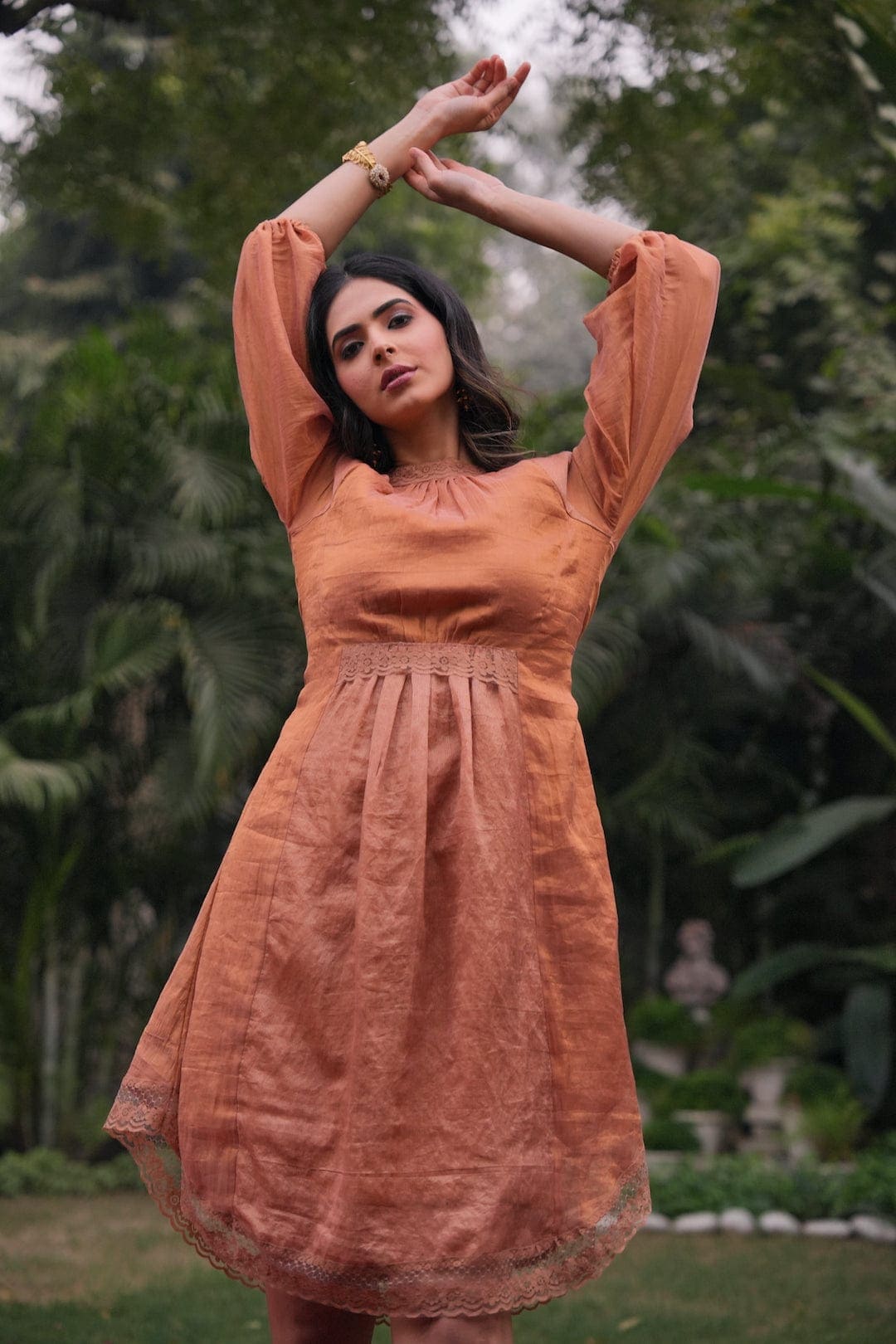 Banarsi Sienna Flared Dress - Burnt Brown - Charkha TalesBanarsi Sienna Flared Dress - Burnt Brown