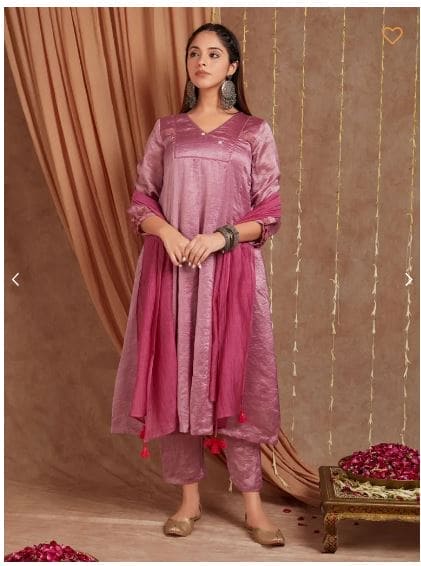 Banarsi Silk Shimmer Anarkali Kurta Set - Pink - Charkha TalesBanarsi Silk Shimmer Anarkali Kurta Set - Pink