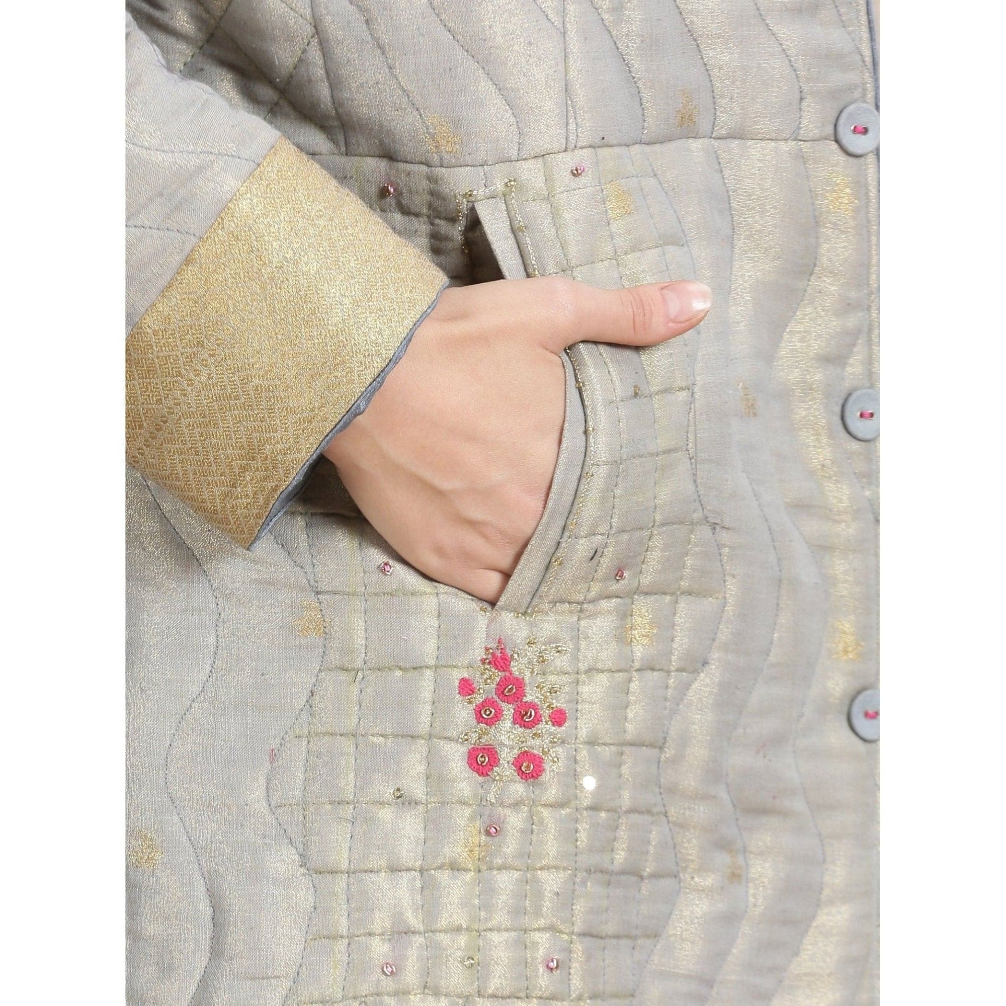 Banarsi Zari Quilted Jacket - Grey - Charkha TalesBanarsi Zari Quilted Jacket - Grey