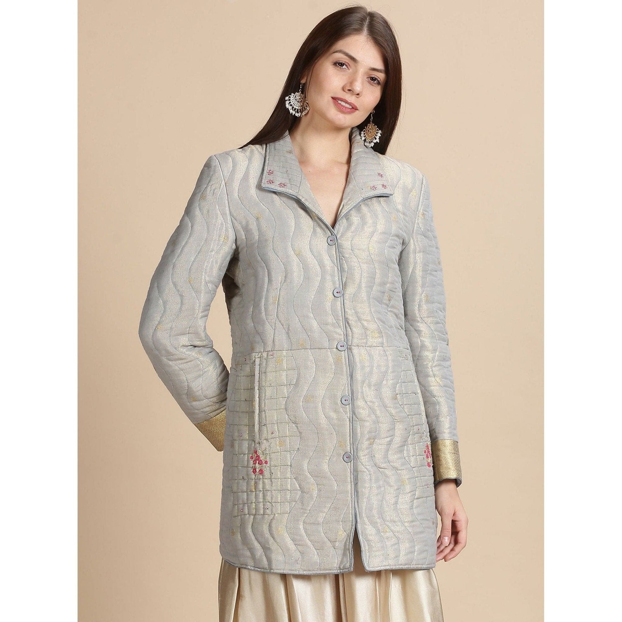 Banarsi Zari Quilted Jacket - Grey - Charkha TalesBanarsi Zari Quilted Jacket - Grey