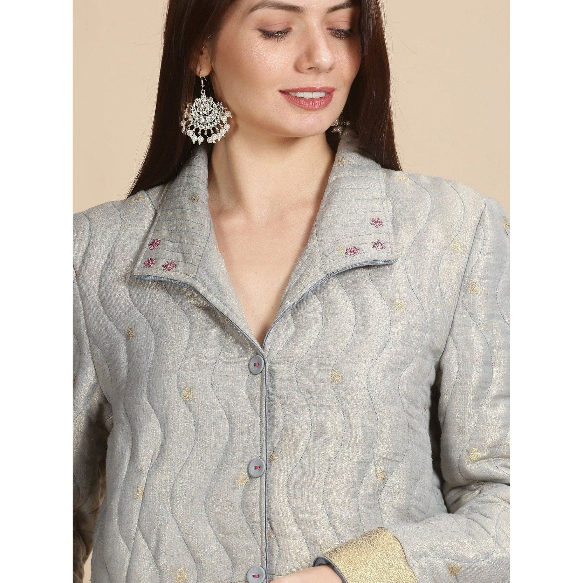 Banarsi Zari Quilted Jacket - Grey - Charkha TalesBanarsi Zari Quilted Jacket - Grey