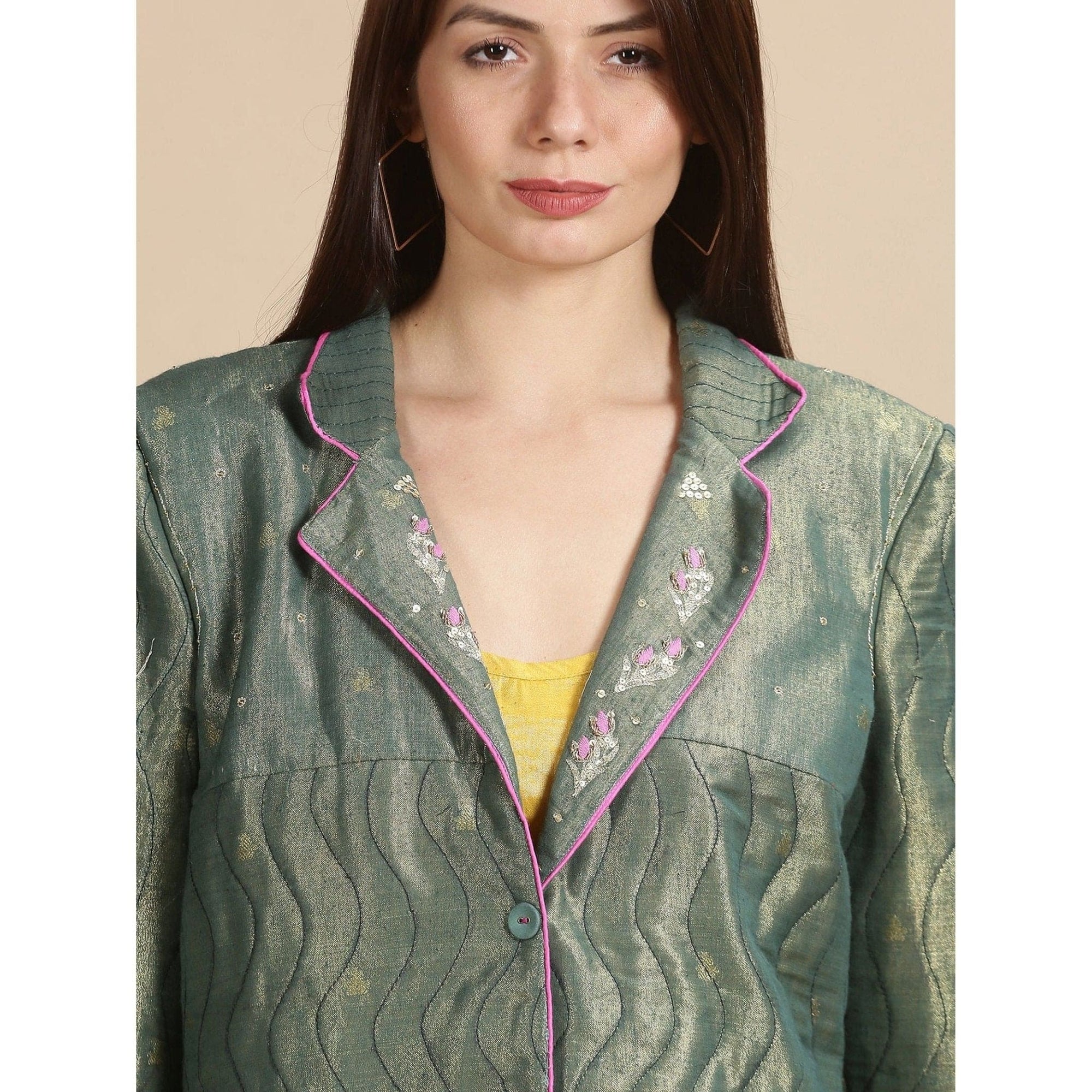 Banarsi Zari Quilted Jacket - Olive - Charkha TalesBanarsi Zari Quilted Jacket - Olive
