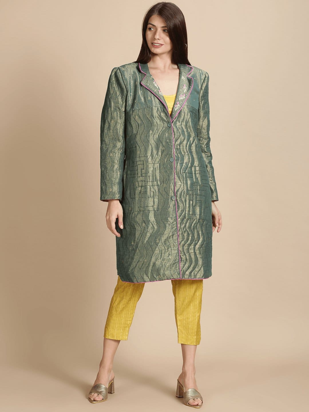 Banarsi Zari Quilted Jacket - Olive - Charkha TalesBanarsi Zari Quilted Jacket - Olive