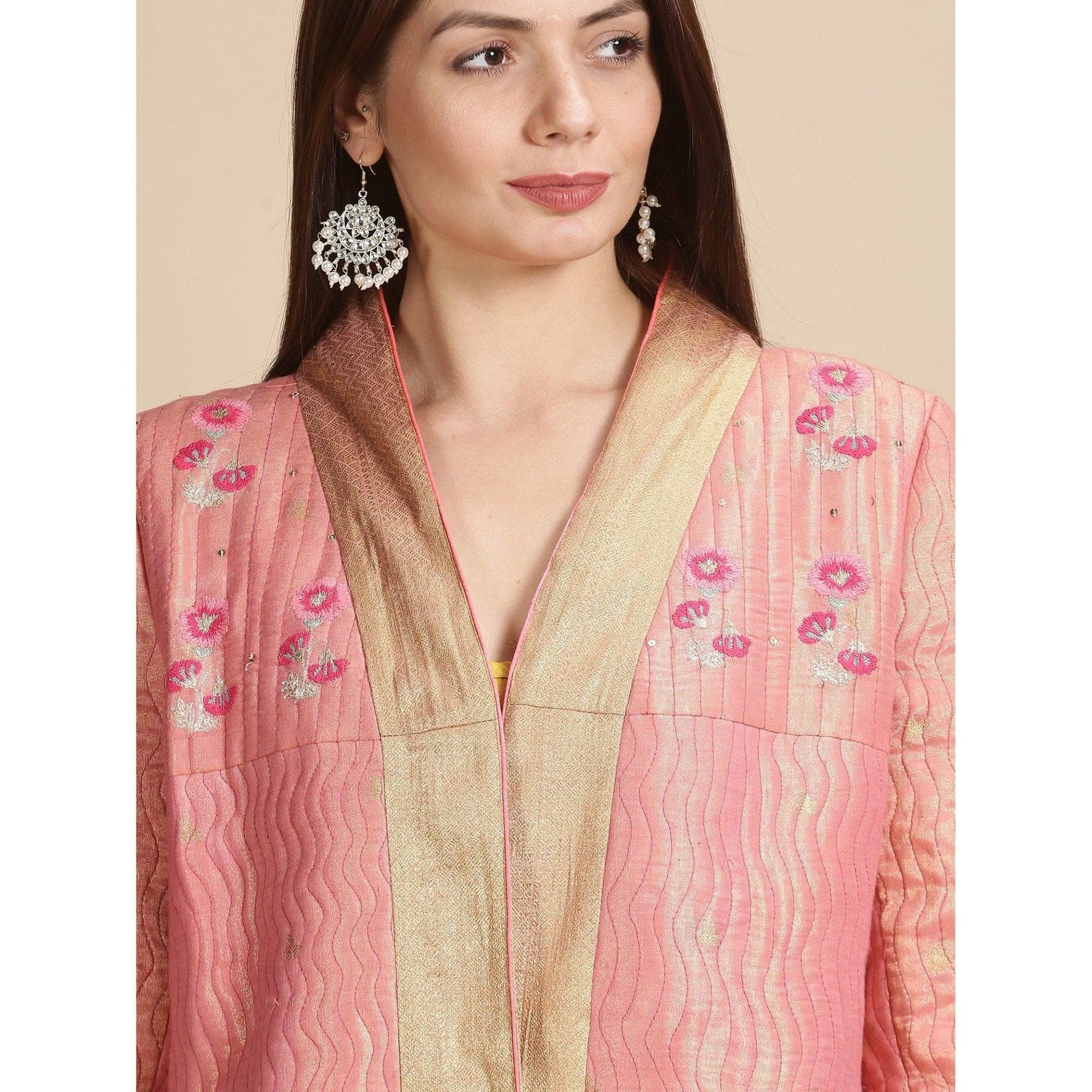 Banarsi Zari Quilted Jacket - Pink - Charkha TalesBanarsi Zari Quilted Jacket - Pink
