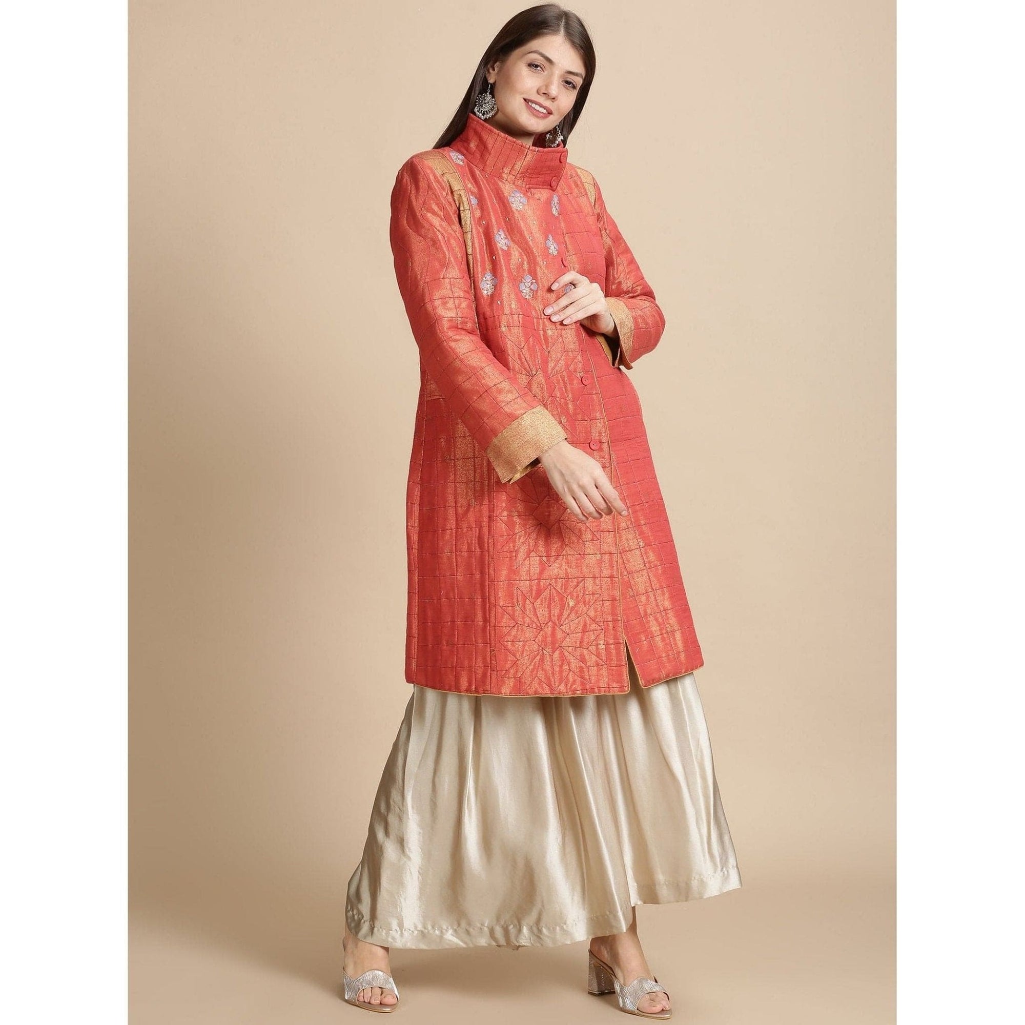 Banarsi Zari Quilted Jacket - Red - Charkha TalesBanarsi Zari Quilted Jacket - Red