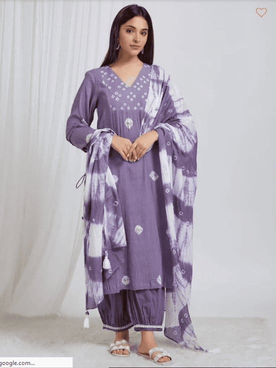 Bandhani Crush Cotton Kurta Set - Violet - Charkha TalesBandhani Crush Cotton Kurta Set - Violet