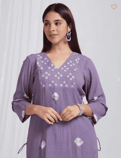 Bandhani Crush Cotton Kurta Set - Violet - Charkha TalesBandhani Crush Cotton Kurta Set - Violet