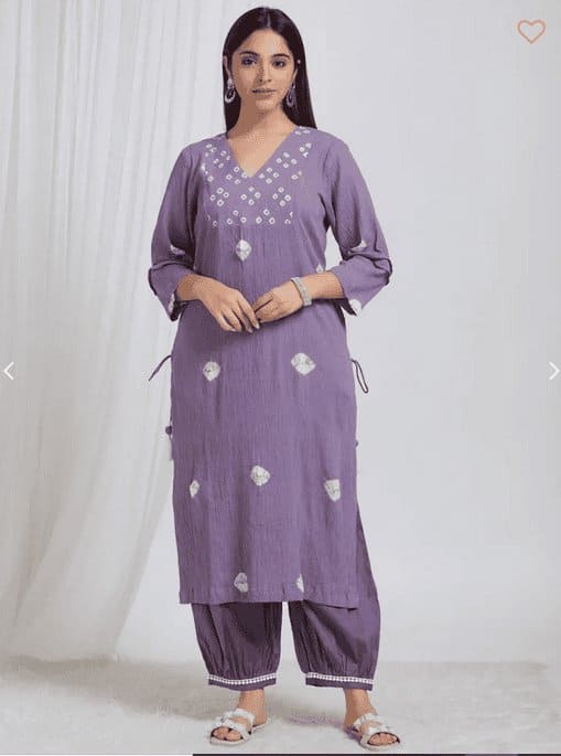 Bandhani Crush Cotton Kurta Set - Violet - Charkha TalesBandhani Crush Cotton Kurta Set - Violet
