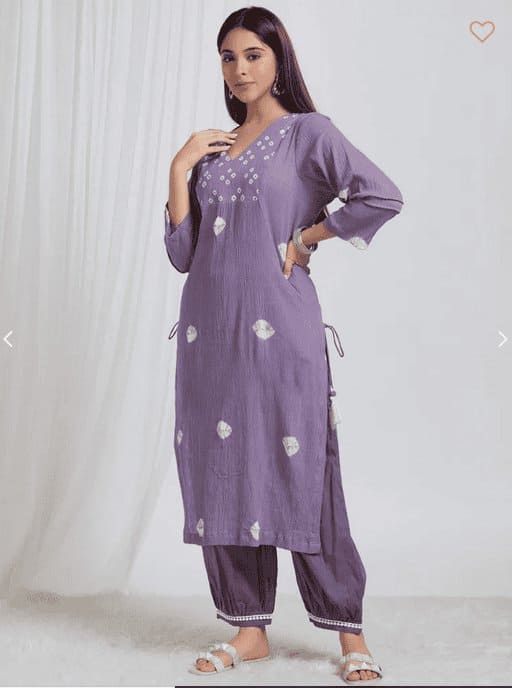 Bandhani Crush Cotton Kurta Set - Violet - Charkha TalesBandhani Crush Cotton Kurta Set - Violet