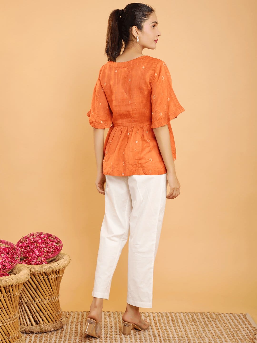 Bandhani Peplum Co - Ord Set - Orange - Charkha TalesBandhani Peplum Co - Ord Set - Orange