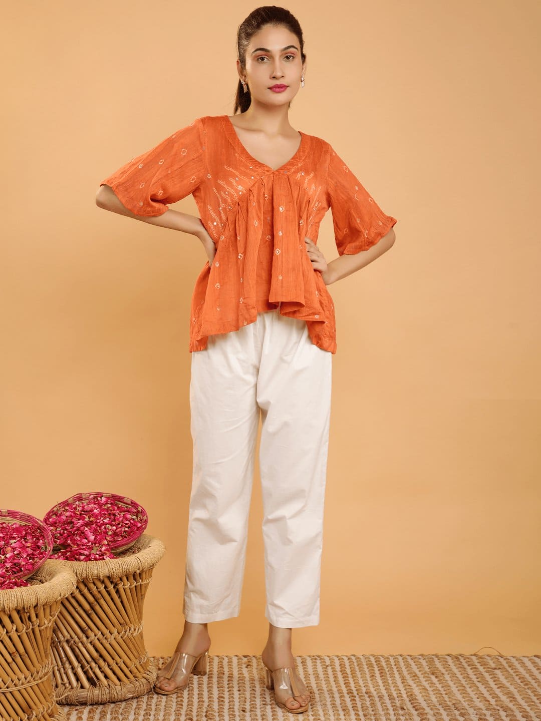 Bandhani Peplum Co - Ord Set - Orange - Charkha TalesBandhani Peplum Co - Ord Set - Orange