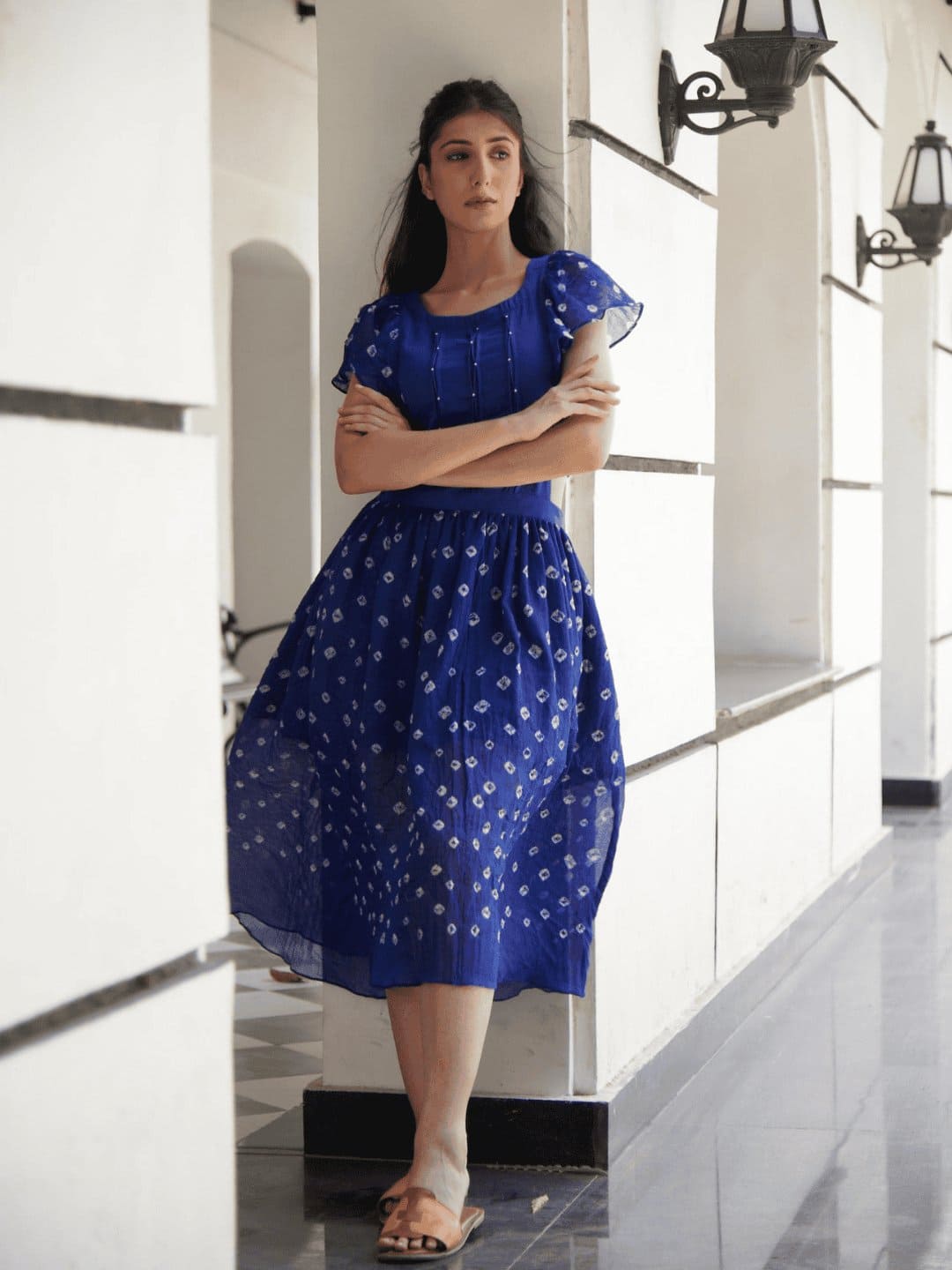 Bandhej Back Tie - Up Dress - Blue - Charkha TalesBandhej Back Tie - Up Dress - Blue