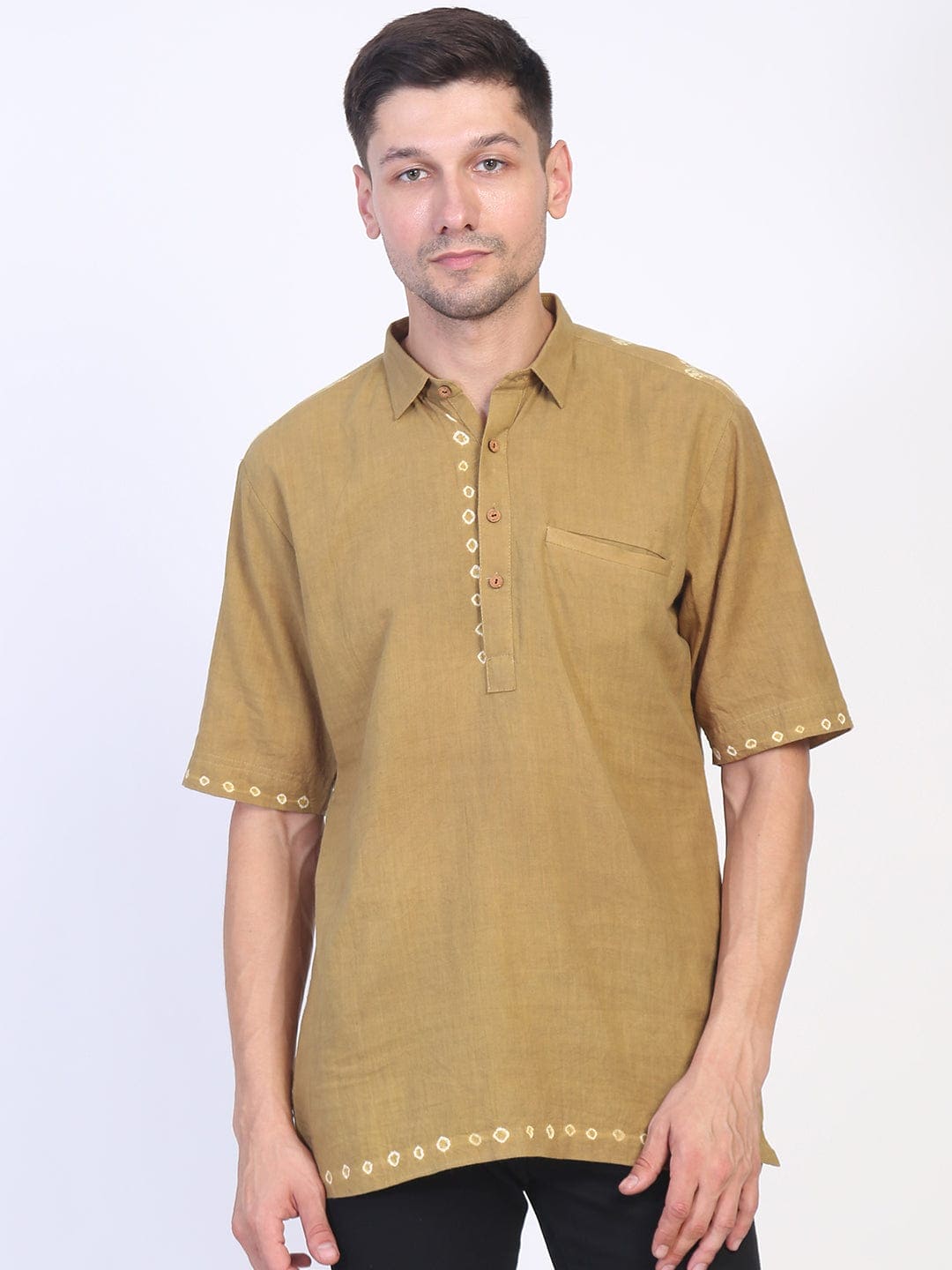 Bandhej Pattern Shirt - Olive Green - Charkha TalesBandhej Pattern Shirt - Olive Green