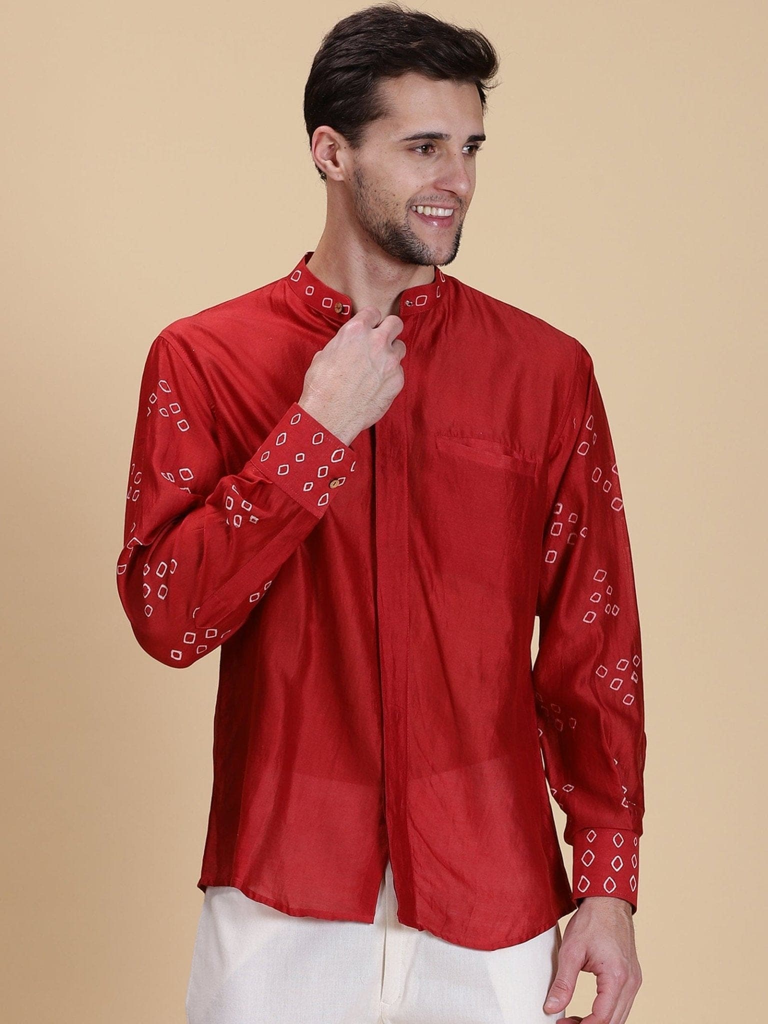 Bandhej Silk Shirt - Red - Charkha TalesBandhej Silk Shirt - Red