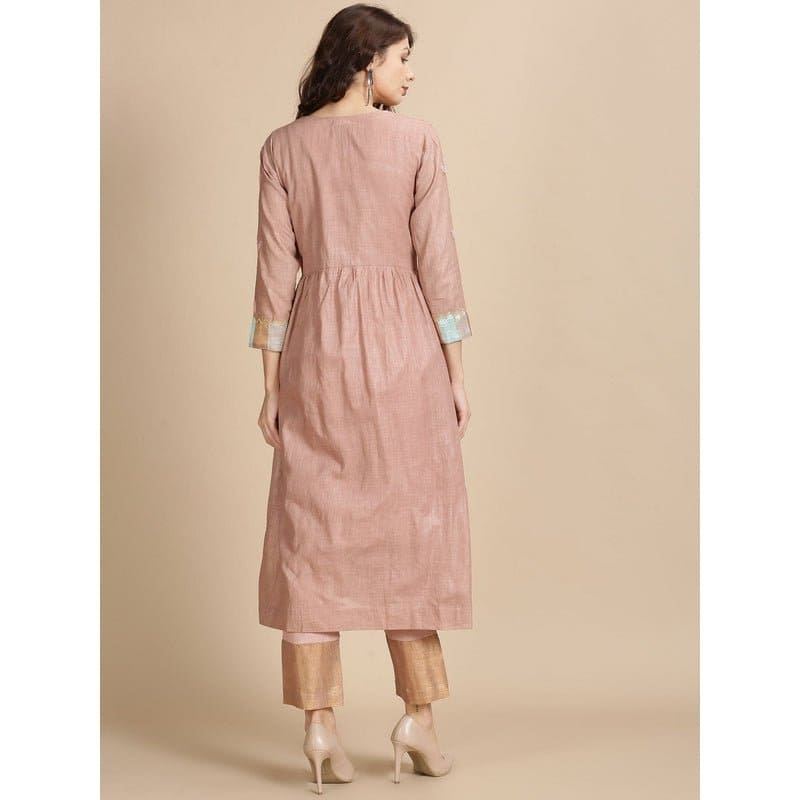 Bead Work Angarkha Kurta Set - Salmon Pink - Charkha TalesBead Work Angarkha Kurta Set - Salmon Pink