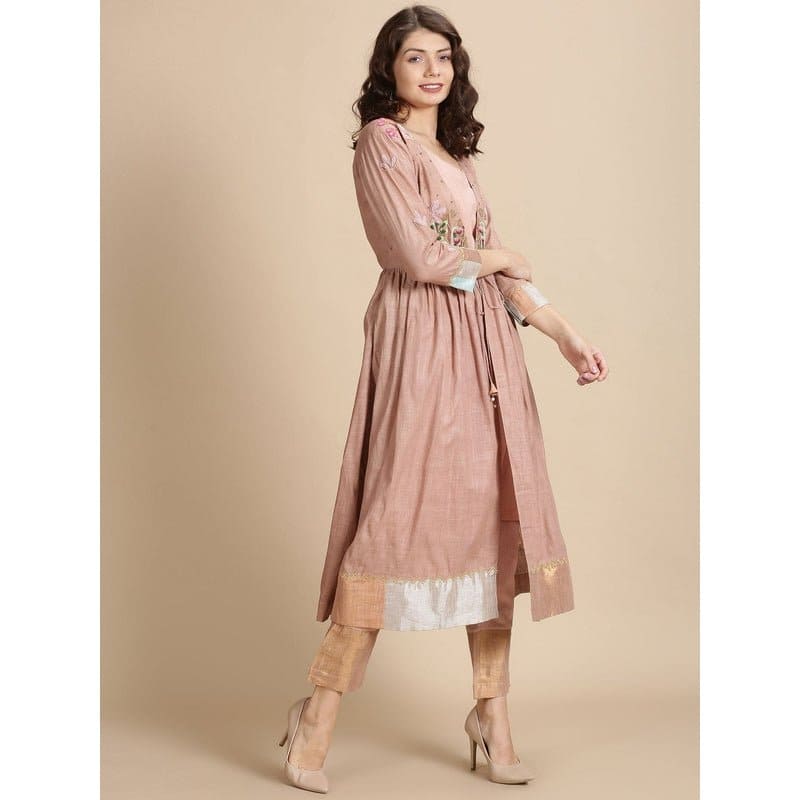 Bead Work Angarkha Kurta Set - Salmon Pink - Charkha TalesBead Work Angarkha Kurta Set - Salmon Pink