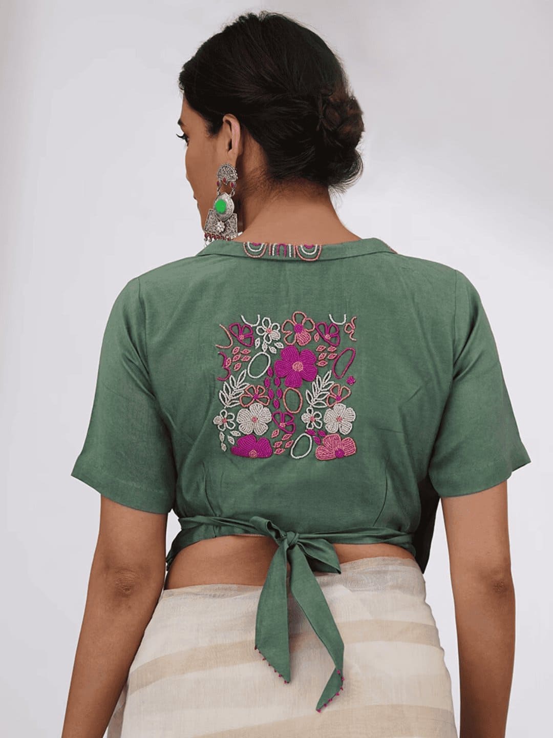 Bead Work Chanderi Silk Blouse - Green - Charkha TalesBead Work Chanderi Silk Blouse - Green