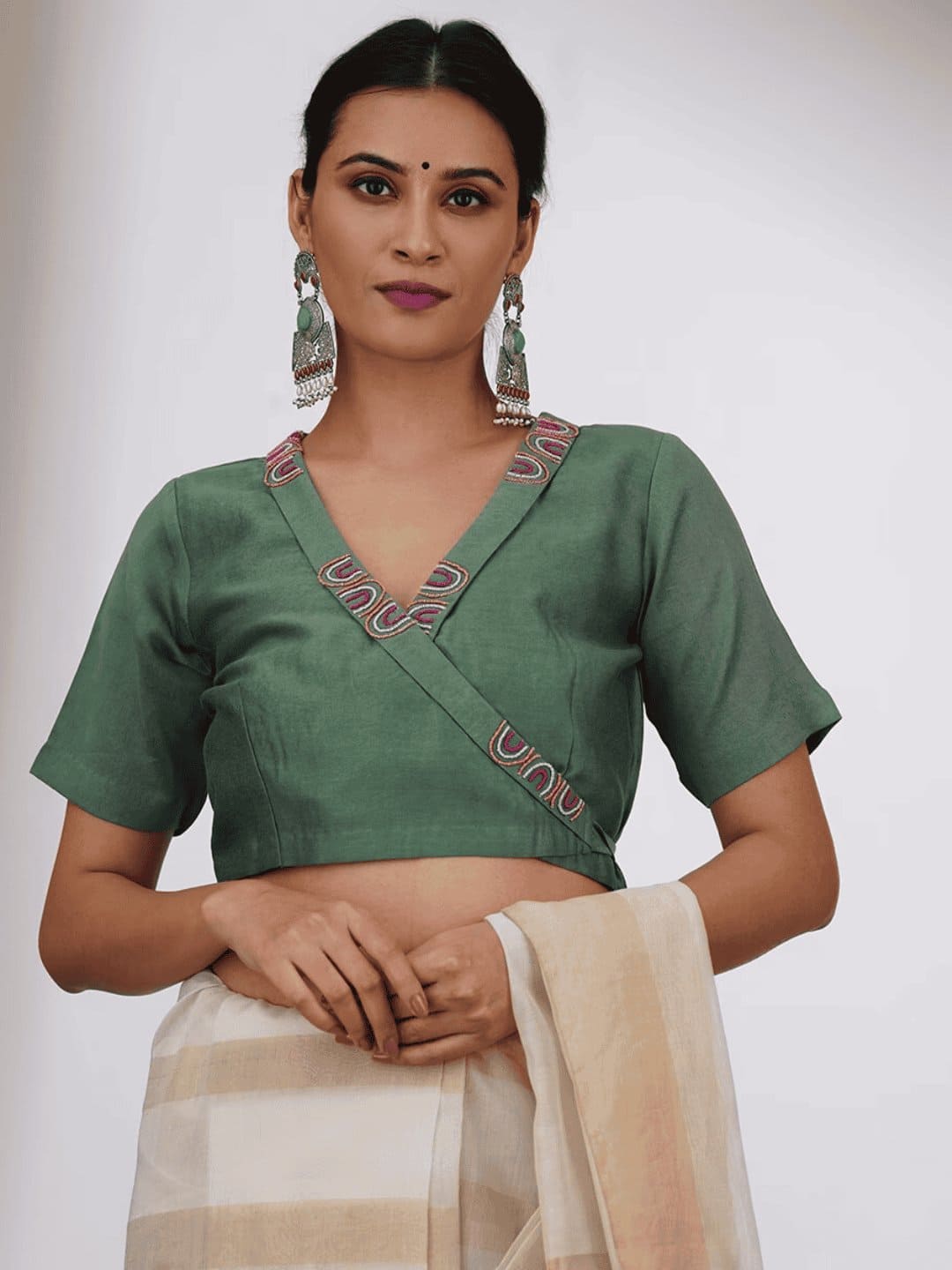 Bead Work Chanderi Silk Blouse - Green - Charkha TalesBead Work Chanderi Silk Blouse - Green