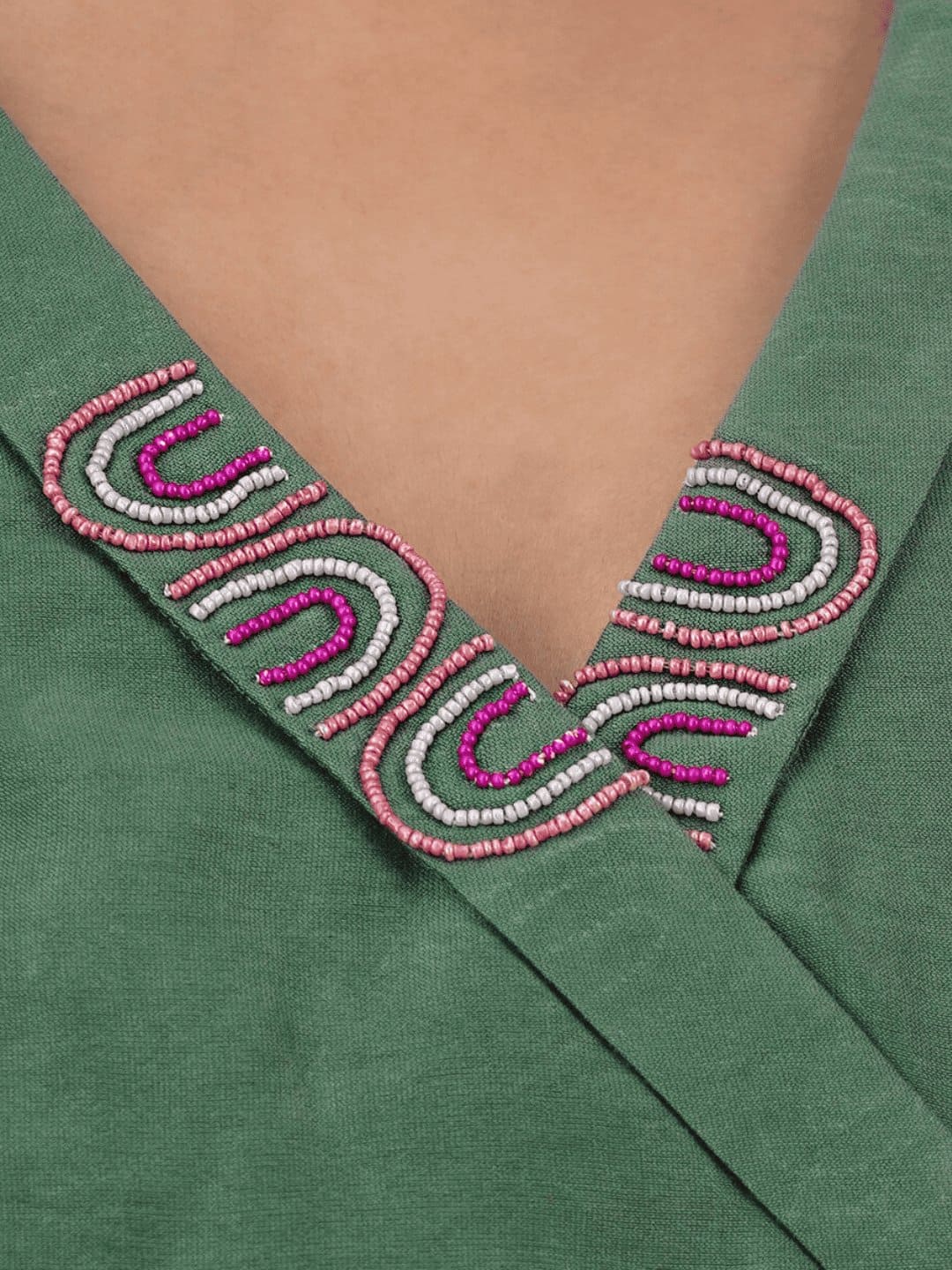 Bead Work Chanderi Silk Blouse - Green - Charkha TalesBead Work Chanderi Silk Blouse - Green