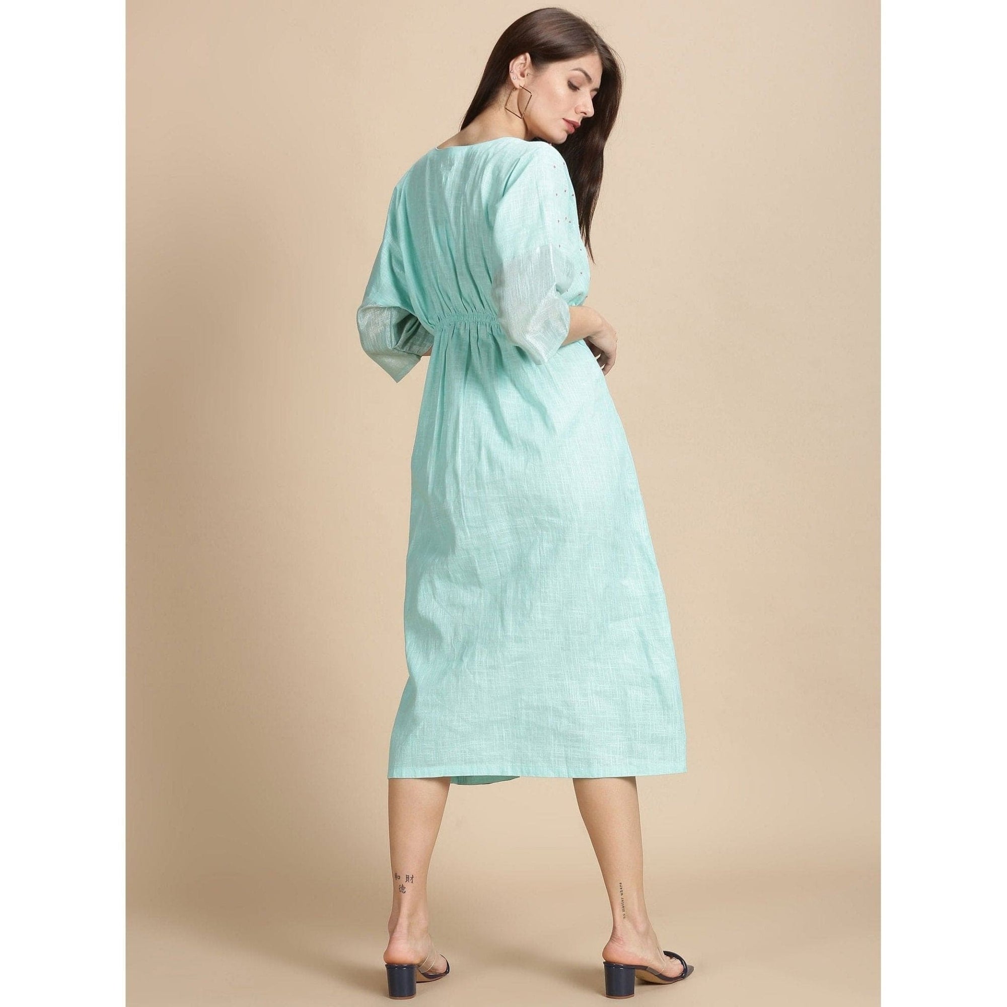 Beads Cluster Work Kaftan Dress - Aqua Floral - Charkha TalesBeads Cluster Work Kaftan Dress - Aqua Floral