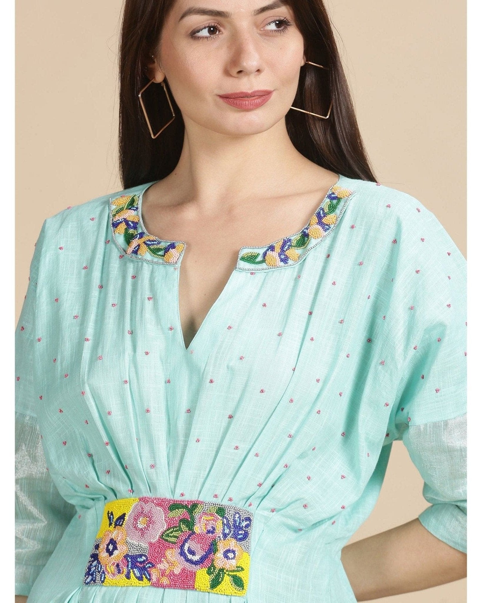 Beads Cluster Work Kaftan Dress - Aqua Floral - Charkha TalesBeads Cluster Work Kaftan Dress - Aqua Floral