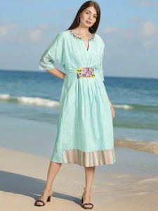 Beads Cluster Work Kaftan Dress - Aqua Floral