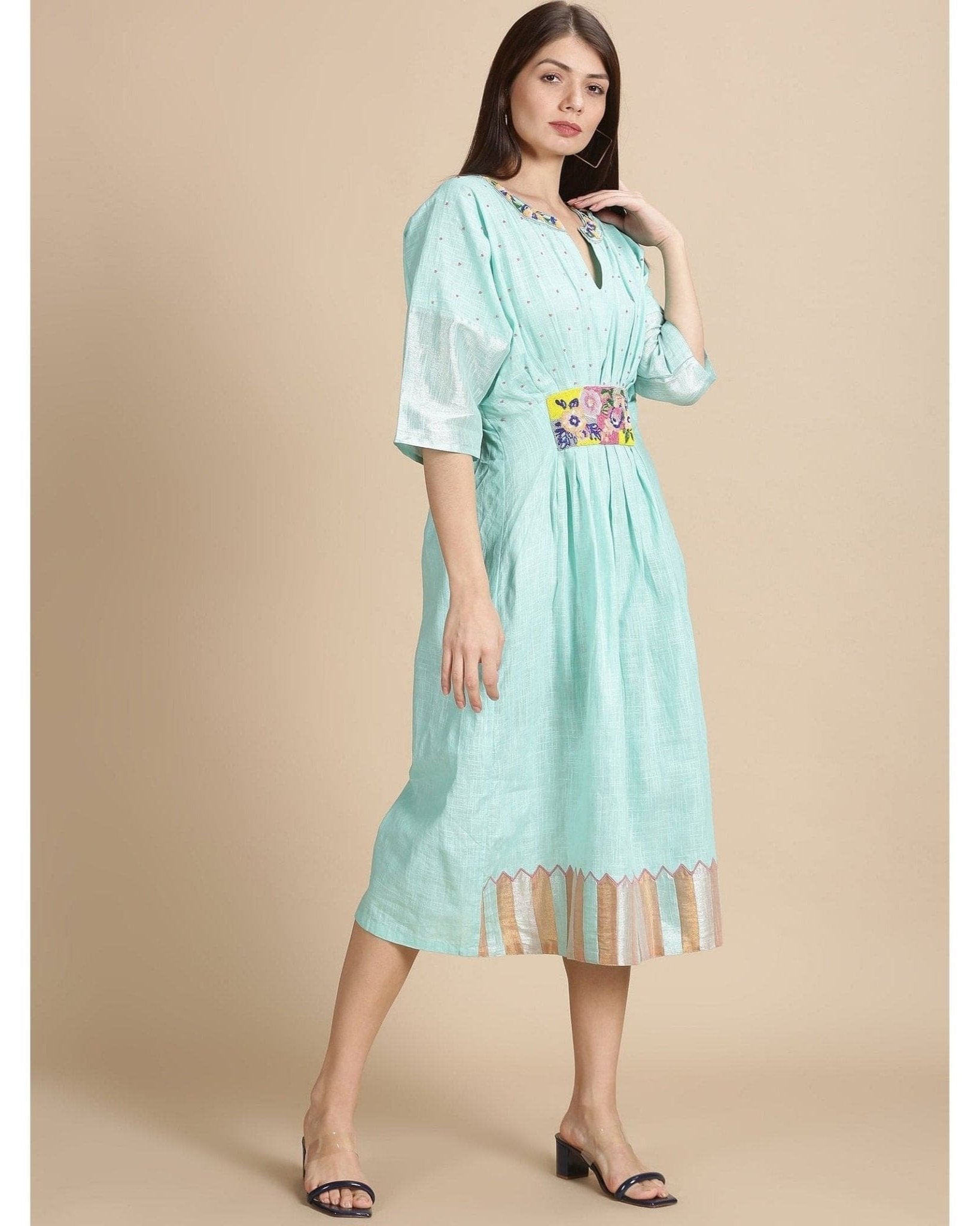 Beads Cluster Work Kaftan Dress - Aqua Floral - Charkha TalesBeads Cluster Work Kaftan Dress - Aqua Floral