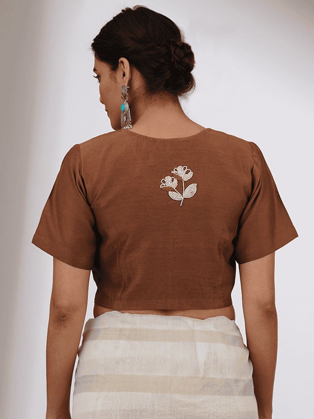 Beads Work Chanderi Silk Blouse - Brown - Charkha TalesBeads Work Chanderi Silk Blouse - Brown