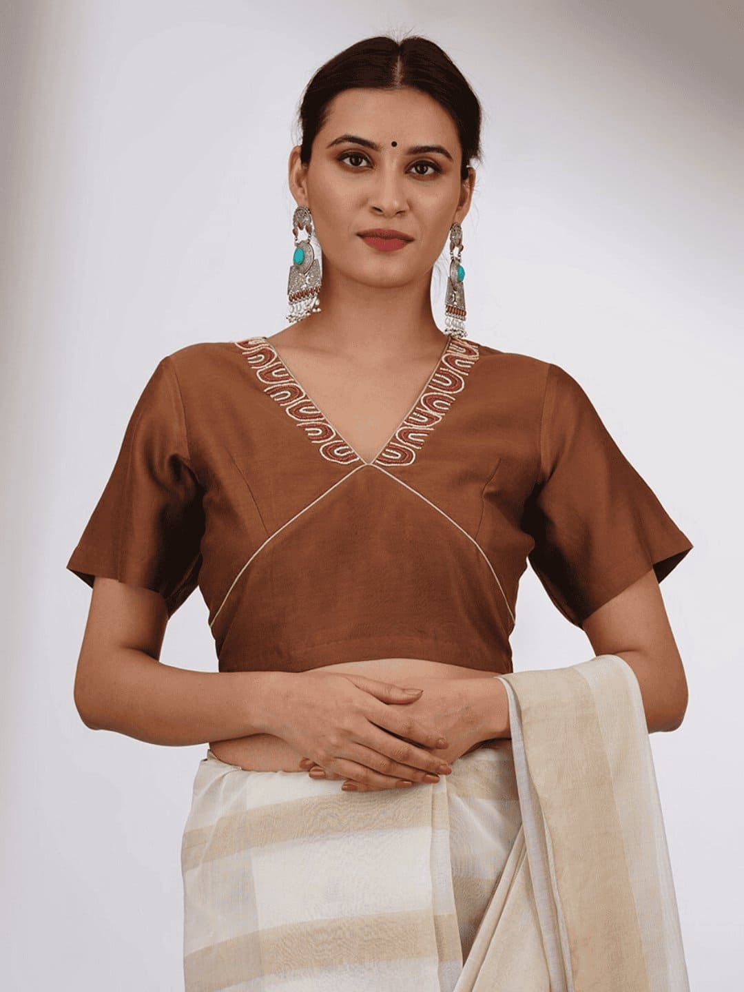 Beads Work Chanderi Silk Blouse - Brown - Charkha TalesBeads Work Chanderi Silk Blouse - Brown