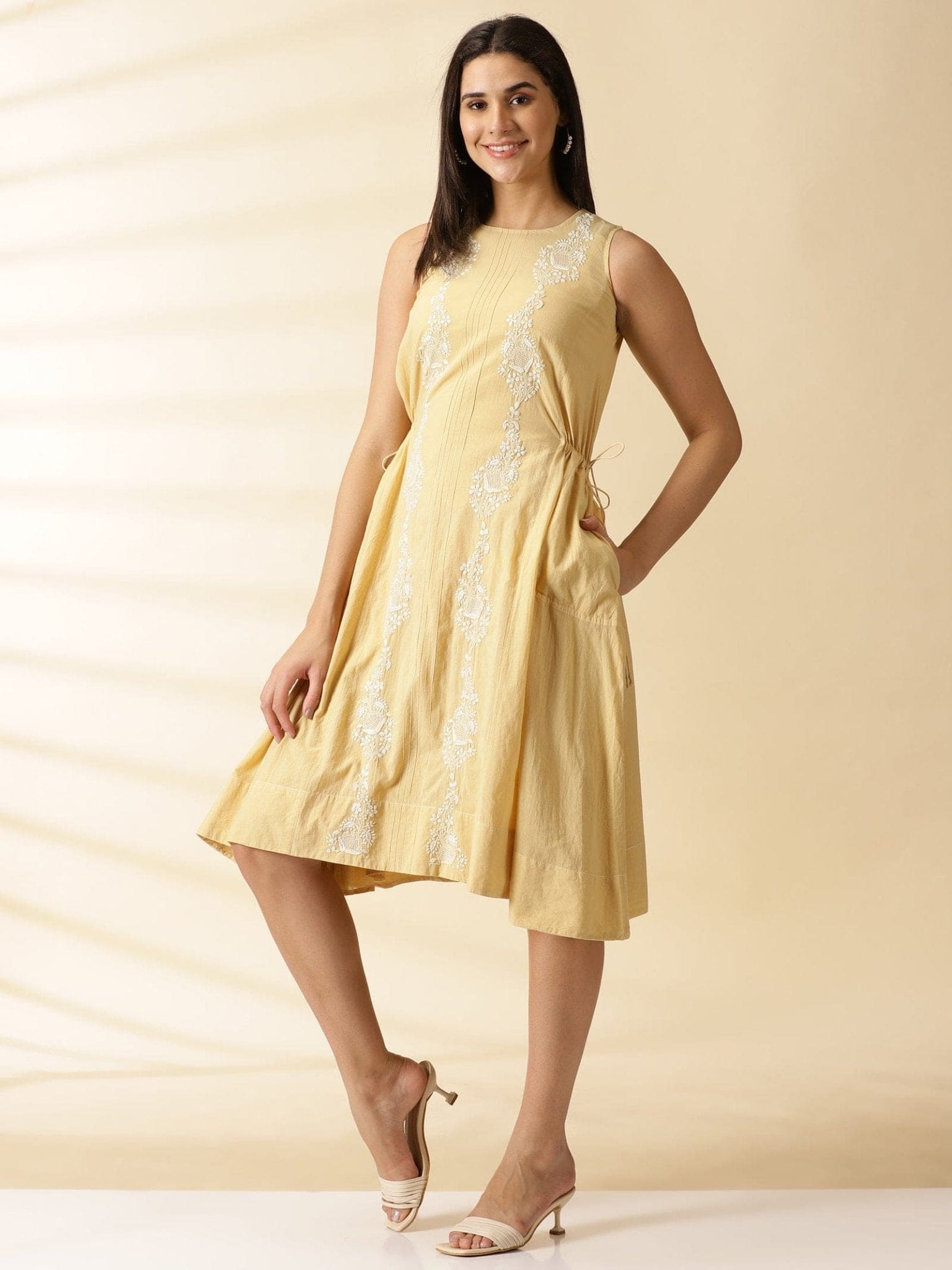 Beige Cotton Chikankari Dress - Charkha TalesBeige Cotton Chikankari Dress for women