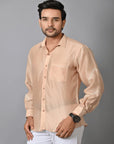 Beige Pure Silk Men Bandhej Shirt - Charkha TalesBeige Pure Silk Men Bandhej Shirt