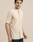 Beige Textured Mandarin Men Shirt - Charkha TalesBeige Textured Mandarin Men Shirt