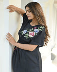 Black Bold Flower & Sequin Kaftaan Dress - Charkha TalesBlack Bold Flower & Sequin Kaftaan Dress