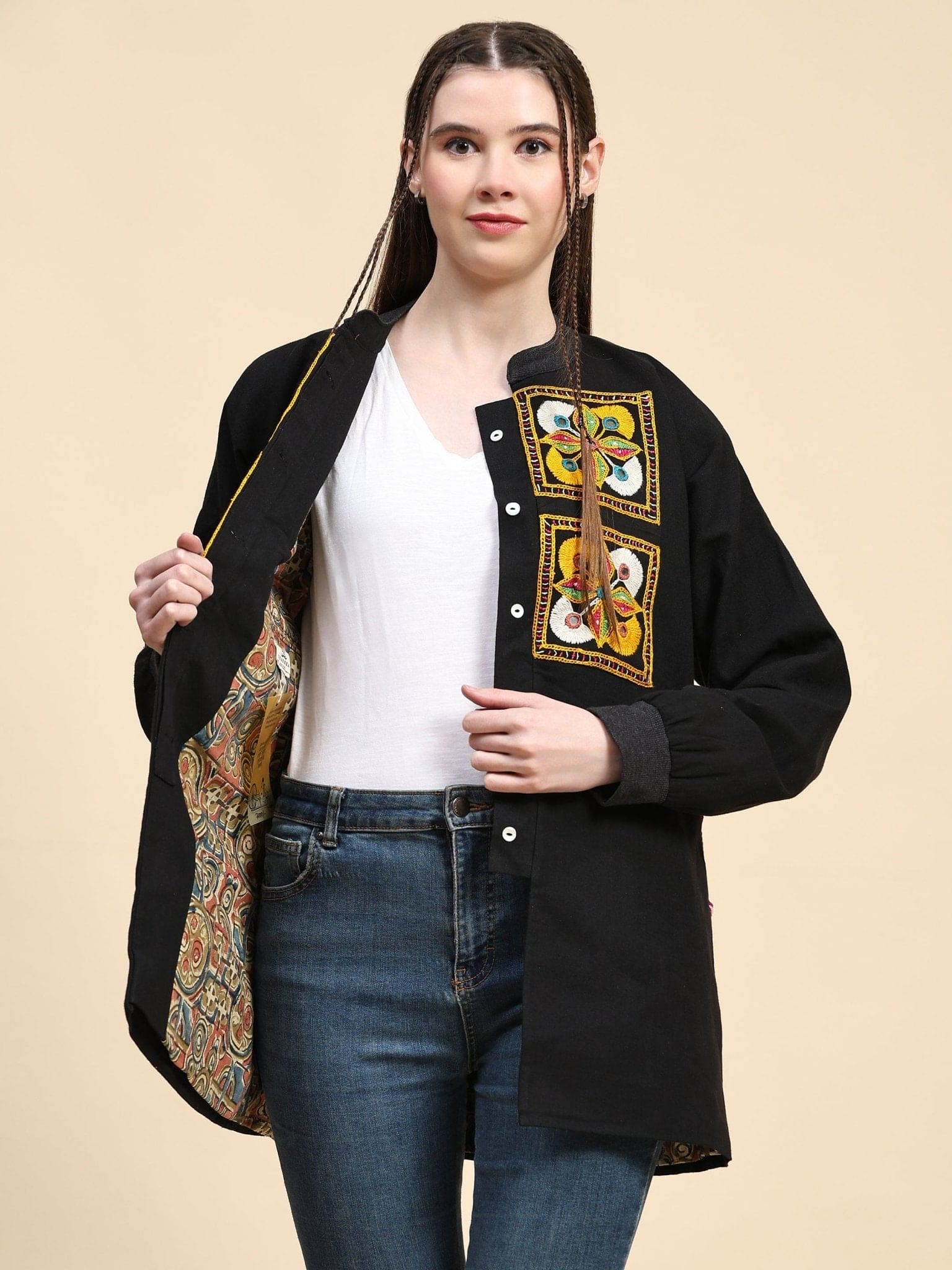 Black Cotton Khadi Embroidered Jacket - Charkha TalesBlack Cotton Khadi Embroidered Jacket