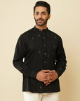 Black Khadi Kantha Mandarin Shirt - Charkha TalesBlack Khadi Kantha Mandarin Shirt
