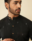 Black Khadi Kantha Mandarin Shirt - Charkha TalesBlack Khadi Kantha Mandarin Shirt