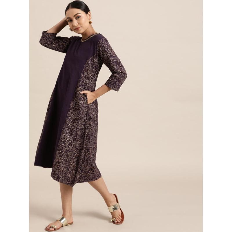 Block Print A Line Dress - Purple - Charkha TalesBlock Print A Line Dress - Purple