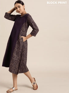 Block Print A Line Dress - Purple