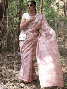 Block Print Chanderi Saree - Pink