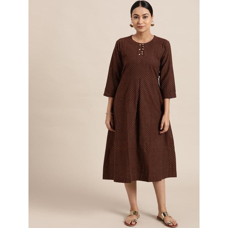 Block Print Cotton Dress - Brown - Charkha TalesBlock Print Cotton Dress - Brown