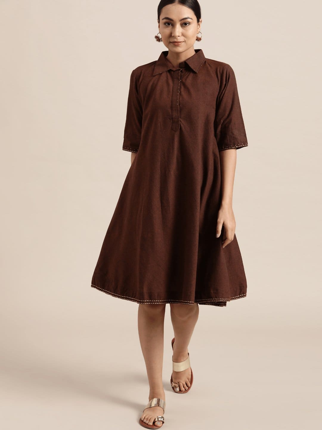 Block Print Cotton Dress - Brown