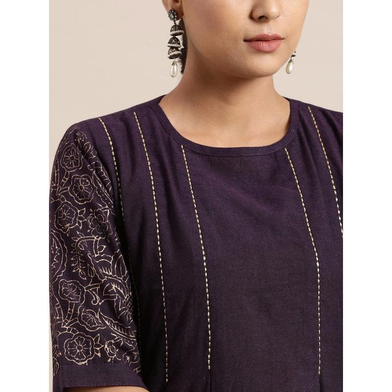 Block print Cotton Dress - Dark Purple - Charkha TalesBlock print Cotton Dress - Dark Purple