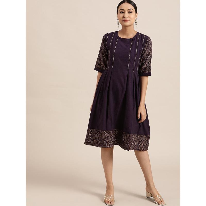 Block print Cotton Dress - Dark Purple - Charkha TalesBlock print Cotton Dress - Dark Purple