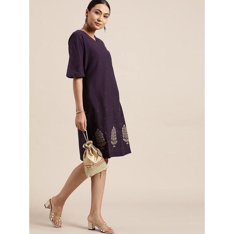 Block print Dress - Dark Purple - Charkha TalesBlock print Dress - Dark Purple