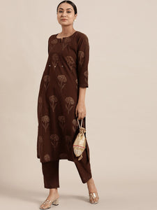 Block Print Kurta Set - Brown