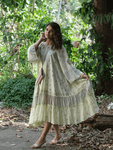 Block Print Mulmul Dress - Green